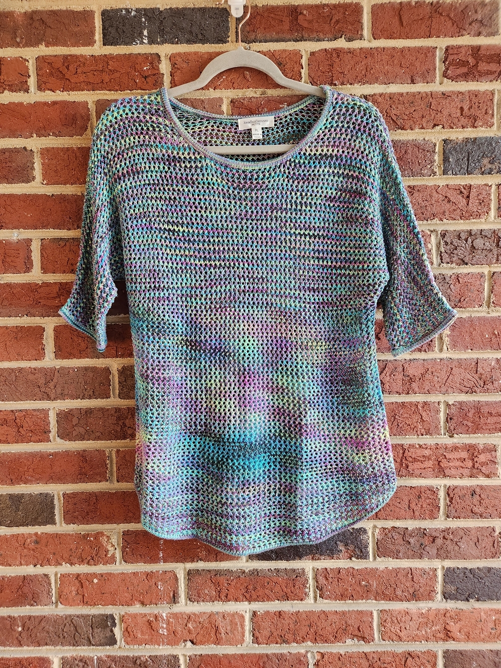Lightweight Multicolor Open-Knit Sweater Petite Large Pullover Short Sleeve